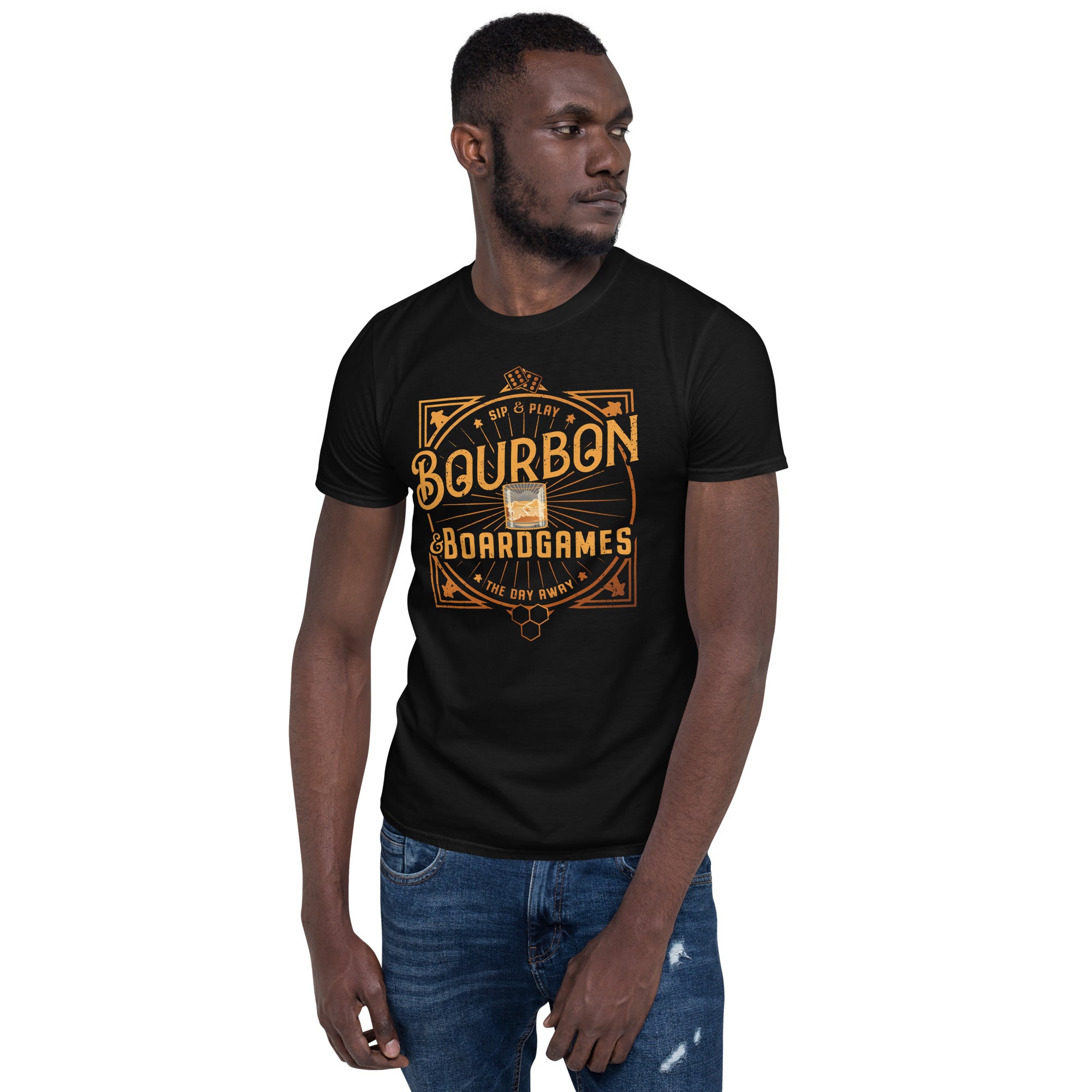 Model showing off our Bourbon and Boardgames design on black t-shirt