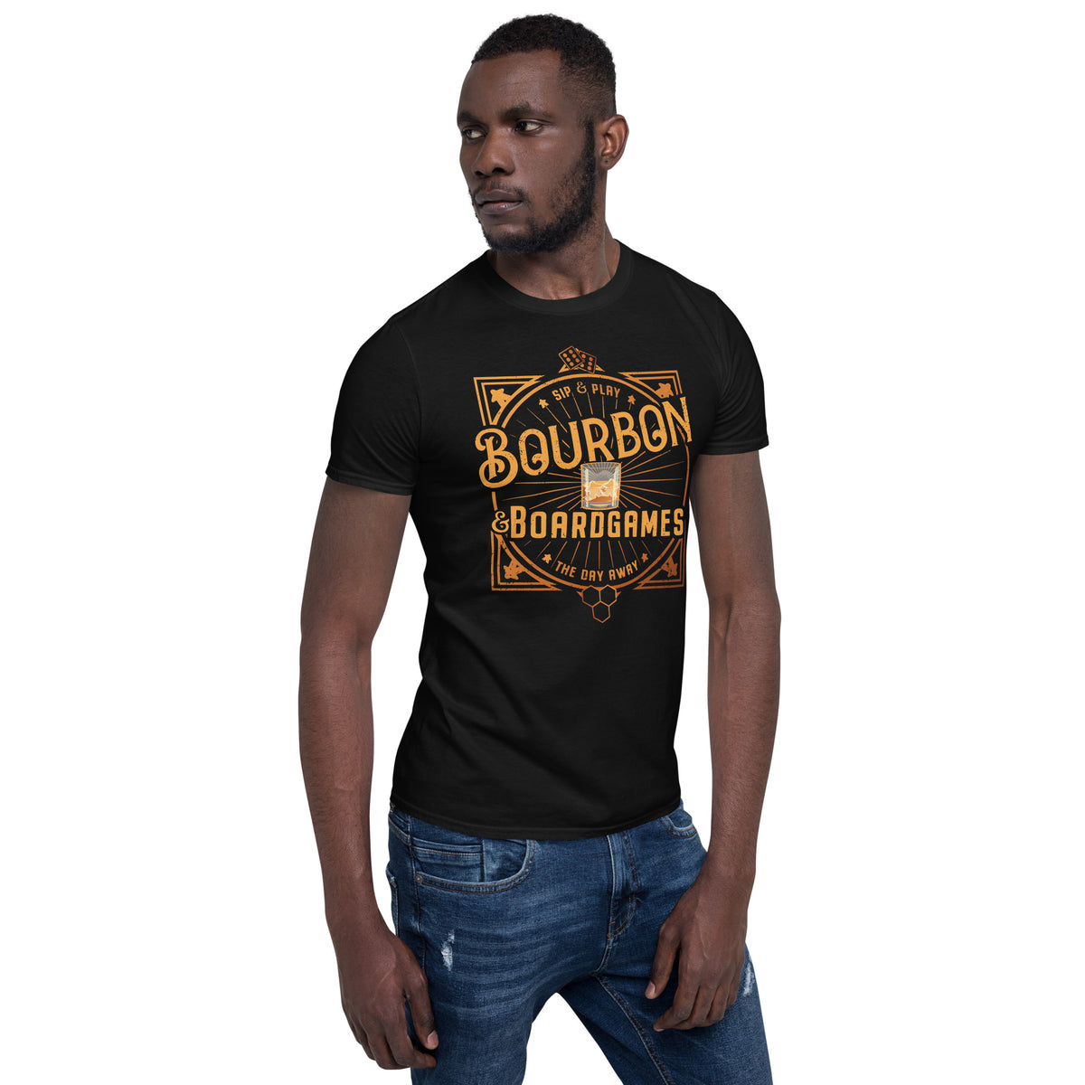 Model showing off our Bourbon and Boardgames design on black t-shirt 