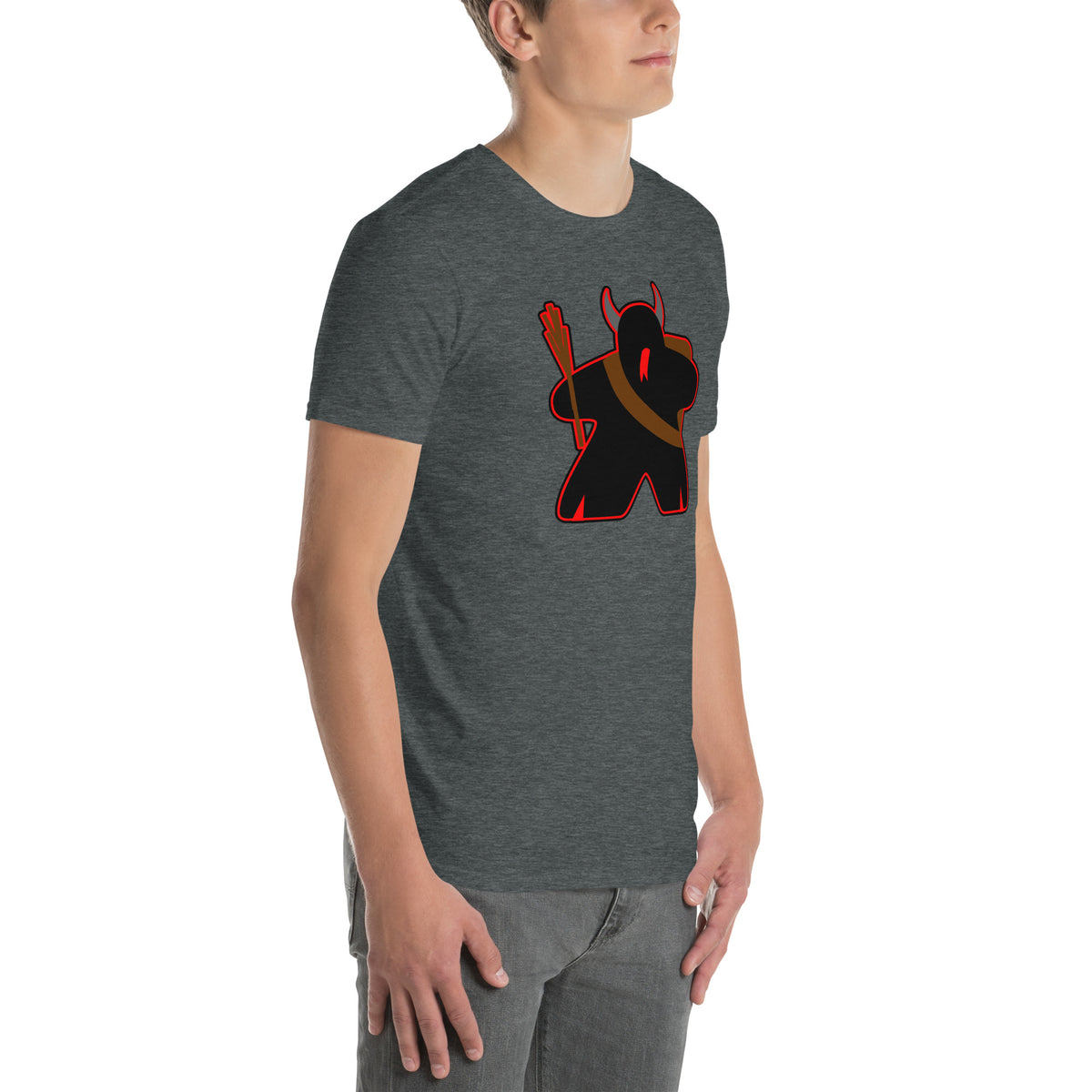 Krampus Meeple on Gray T-Shirt Worn by Model