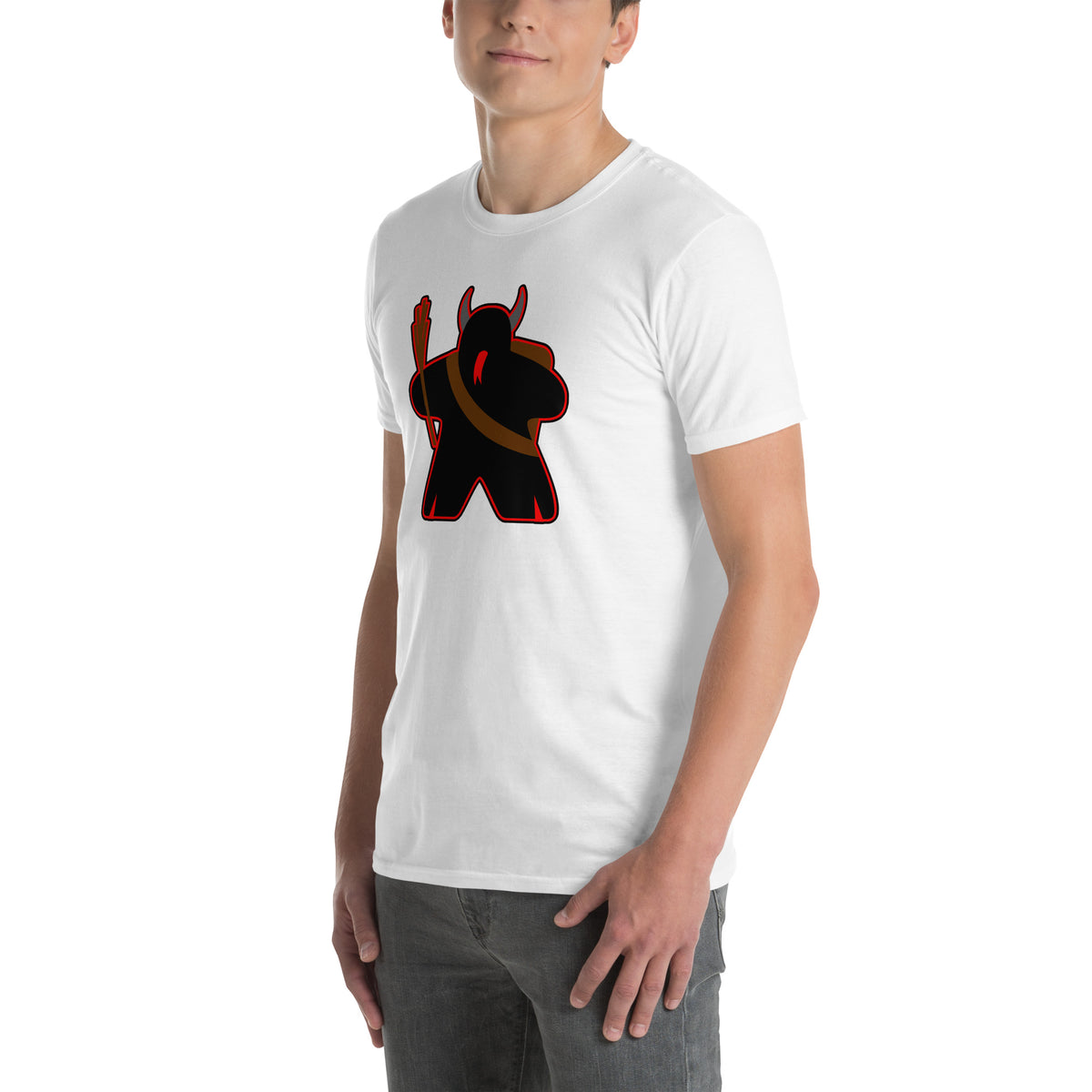 Krampus Meeple on White T-Shirt Worn by Model