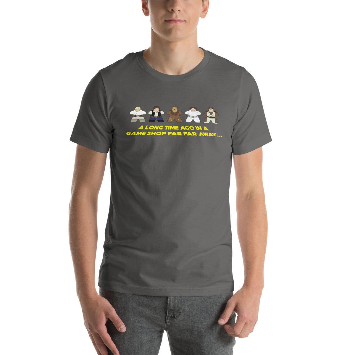 Asphalt Grey T-Shirt with Star Wars Meeples Parody Design on model