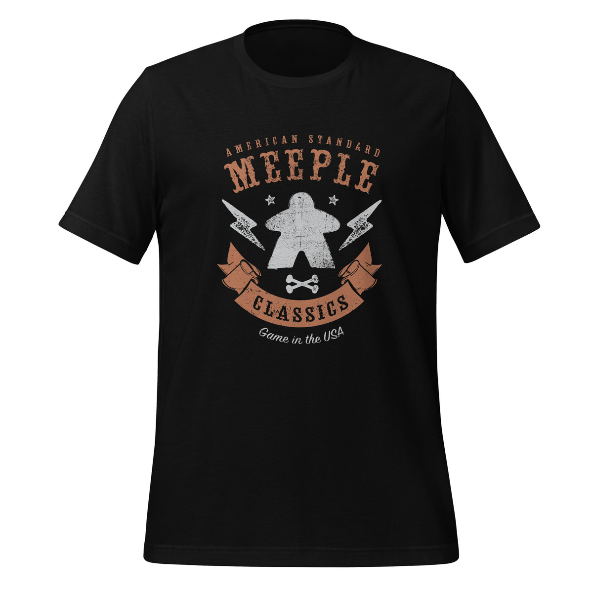 American Meeple Classics design on a black t-shirt