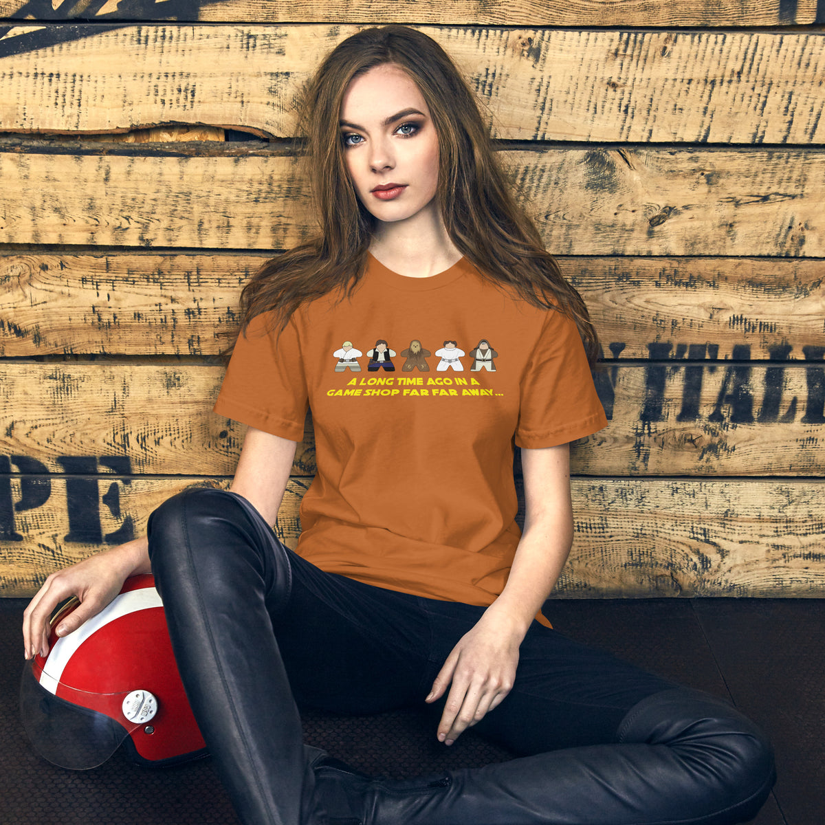 Bronze T-Shirt with Star Wars Meeples Parody Design on female model