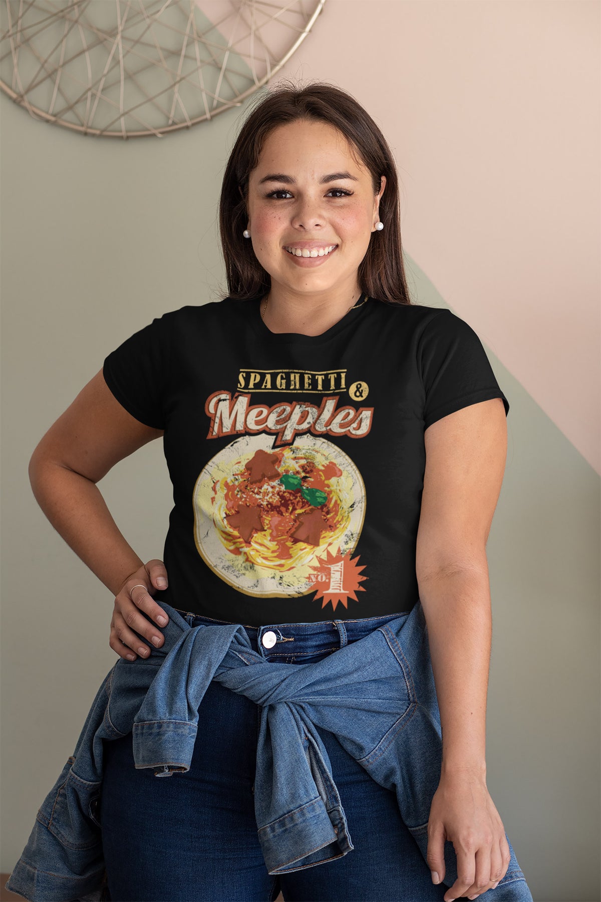 Spaghetti &amp; Meeples Board Game T-Shirt Action Shot Women&#39;s