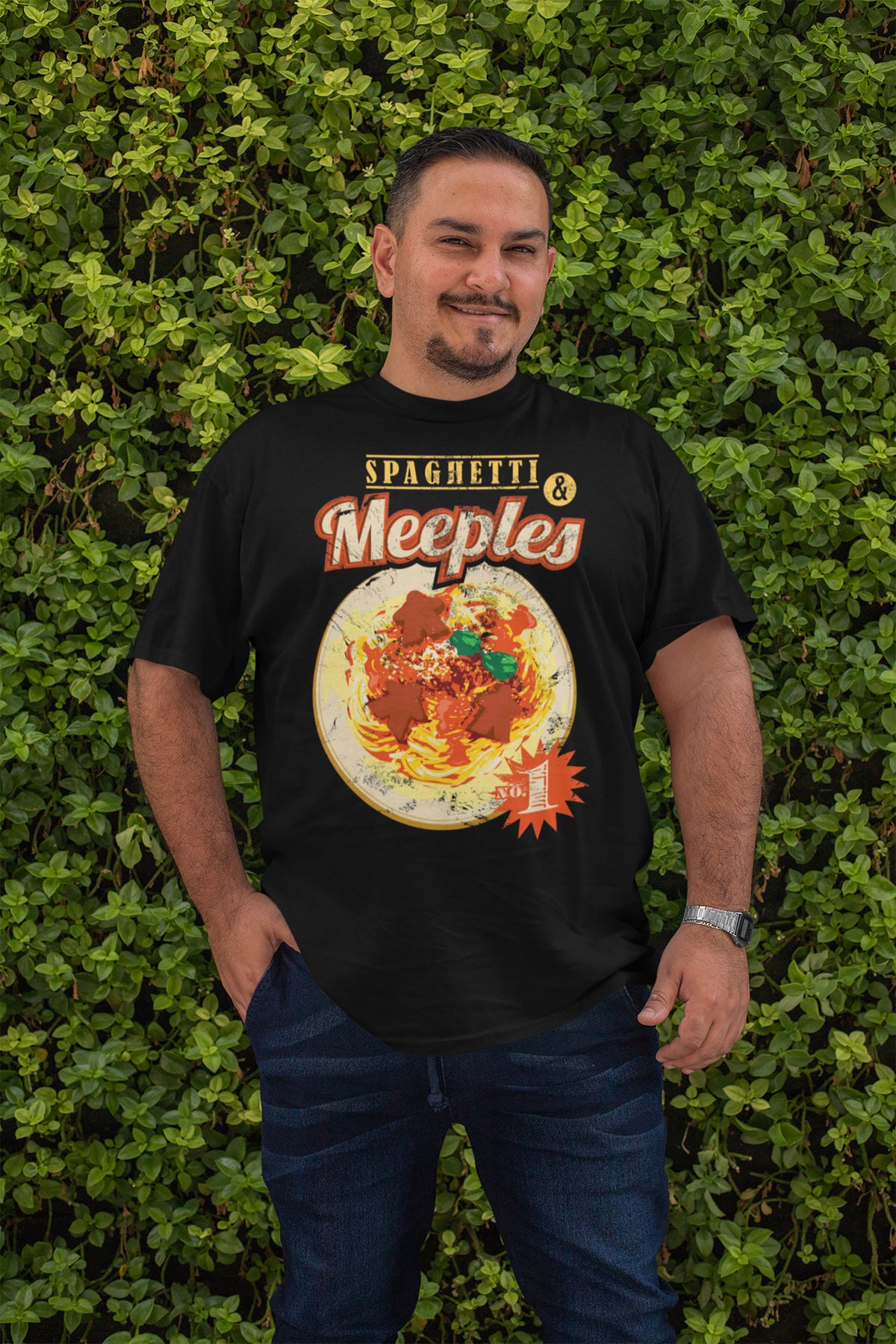 Spaghetti &amp; Meeples Board Game T-Shirt Action Shot Men&#39;s