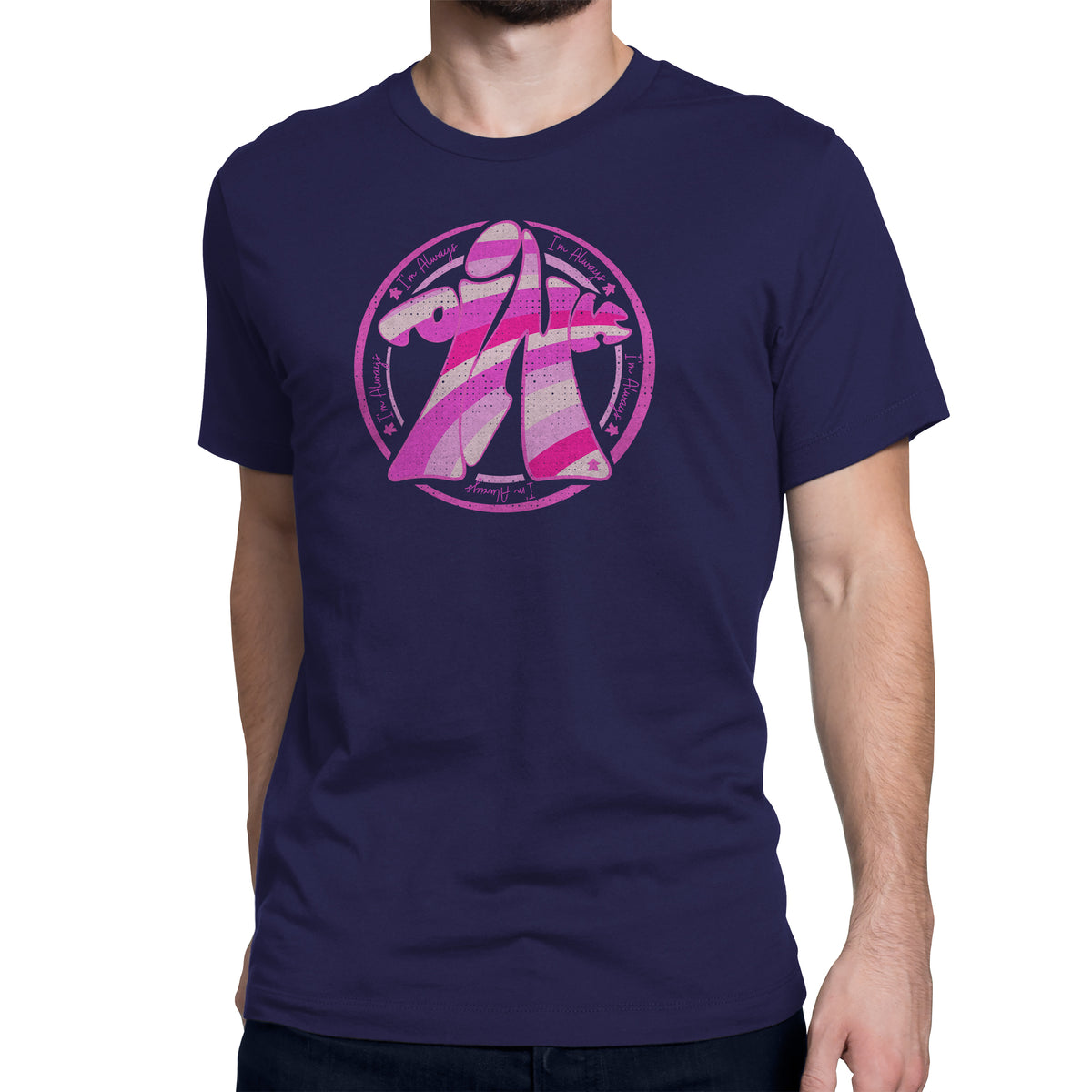Navy blue t-shirt with our I'm Always Pink meeple design on a white background