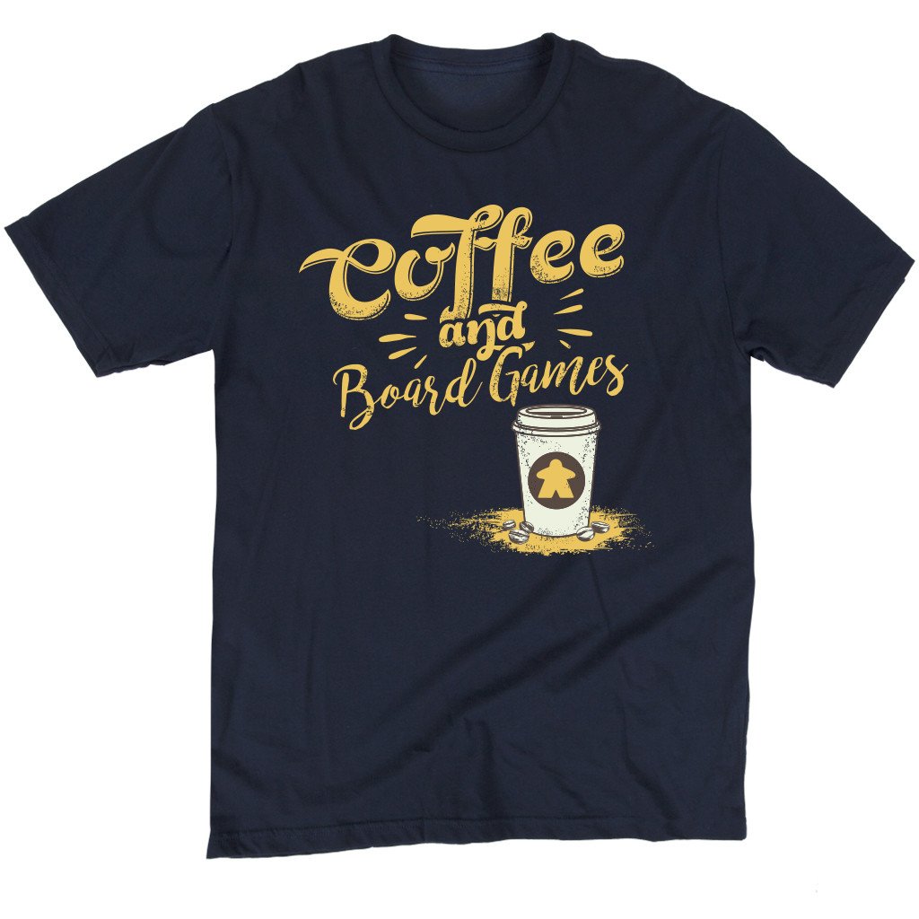 Navy blue t-shirt with 'Coffee and Board Games' text and graphic on a white background