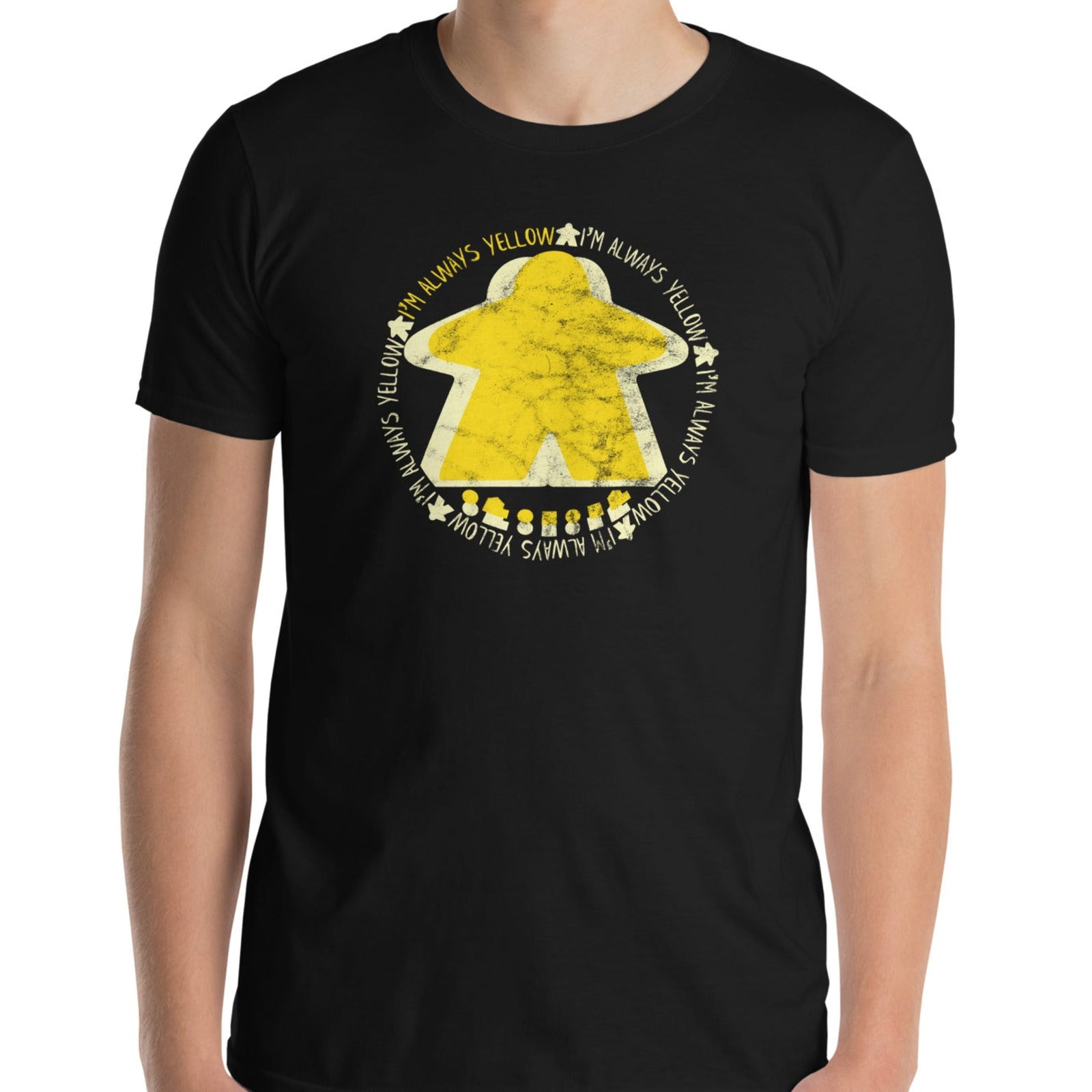 I'm Always the Yellow Meeple Design on Black T-shirt worn by model