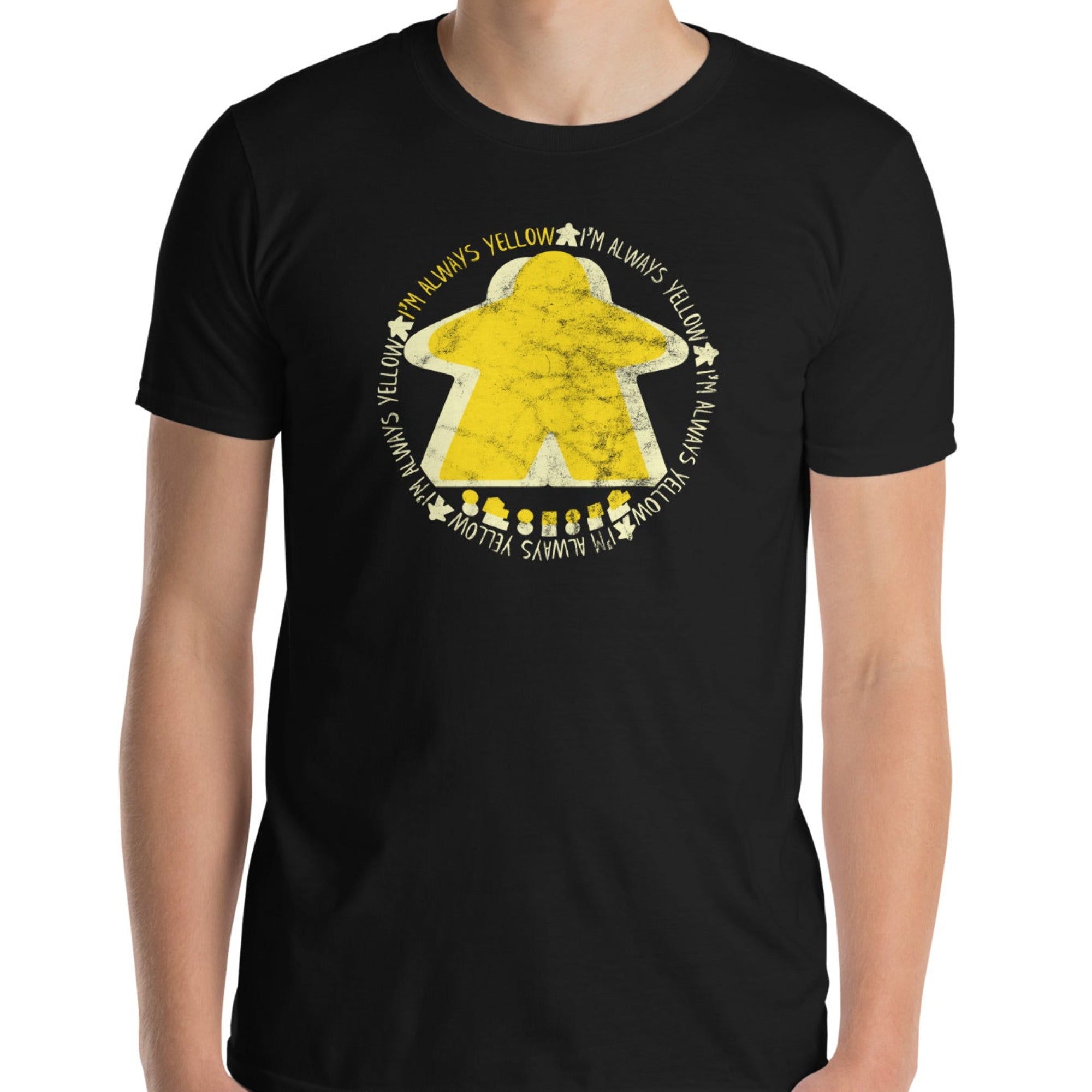 I'm Always the Yellow Meeple Design on Black T-shirt worn by model