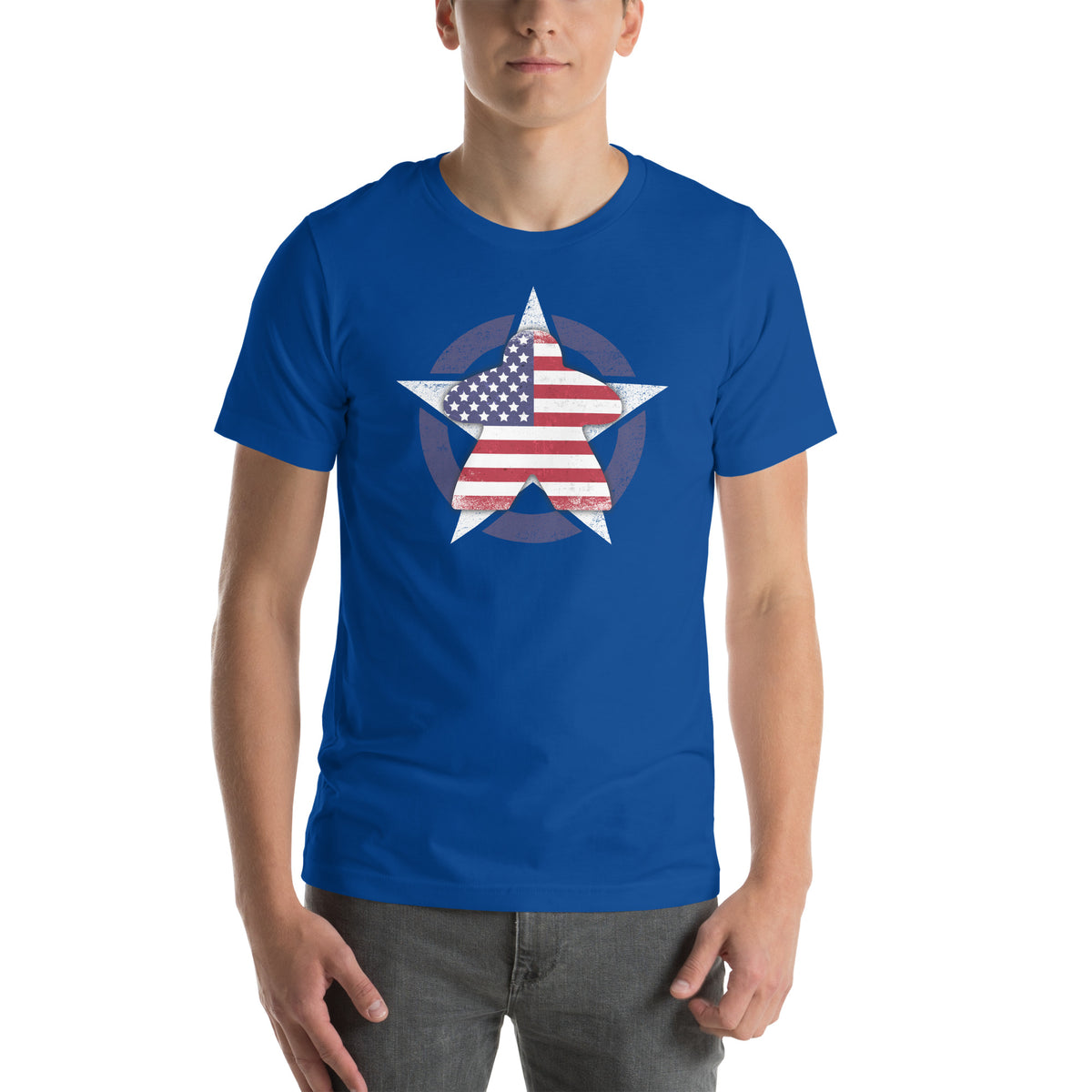 American flag meeple design on royal blue t-shirt worn by model