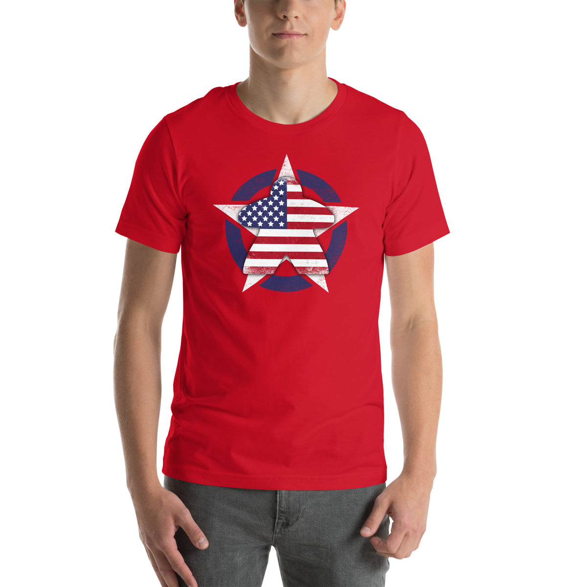 American flag meeple design on red t-shirt worn by model