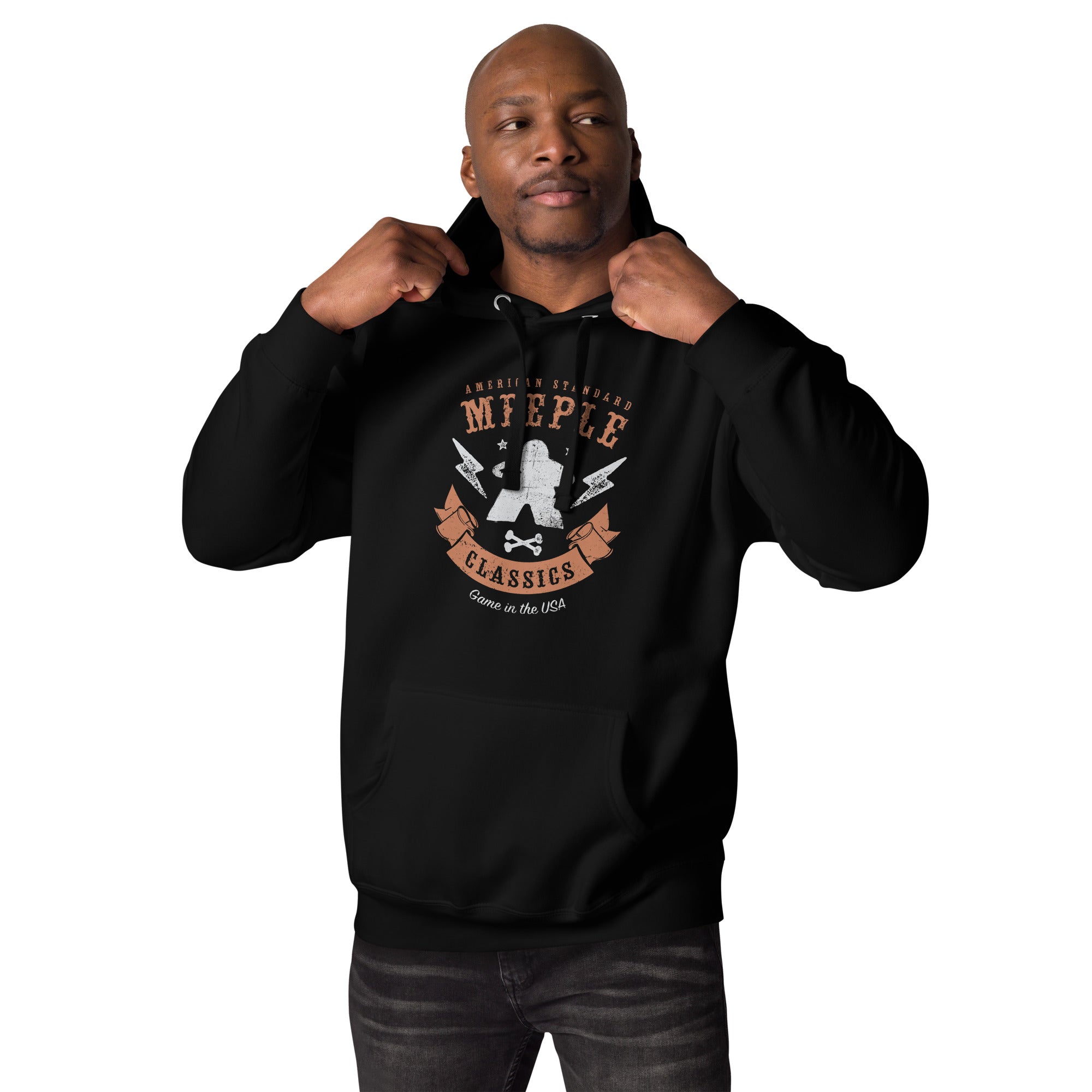 American Meeple Classics Hoodie being worn by a model
