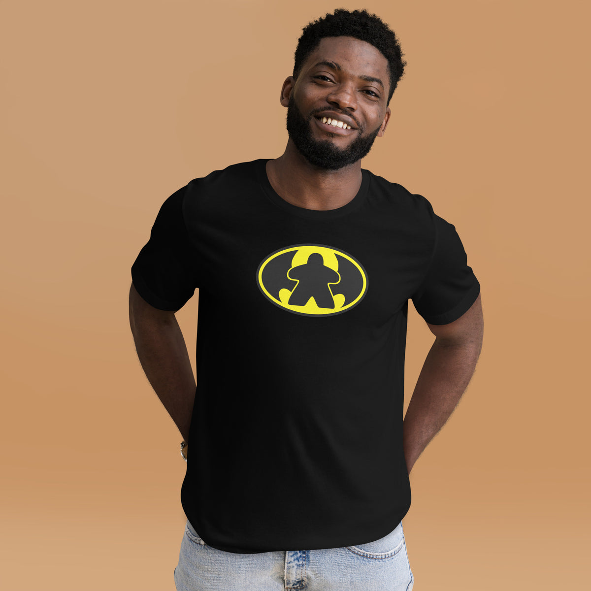 Model wearing our Batmeeple Design on black t-shirt
