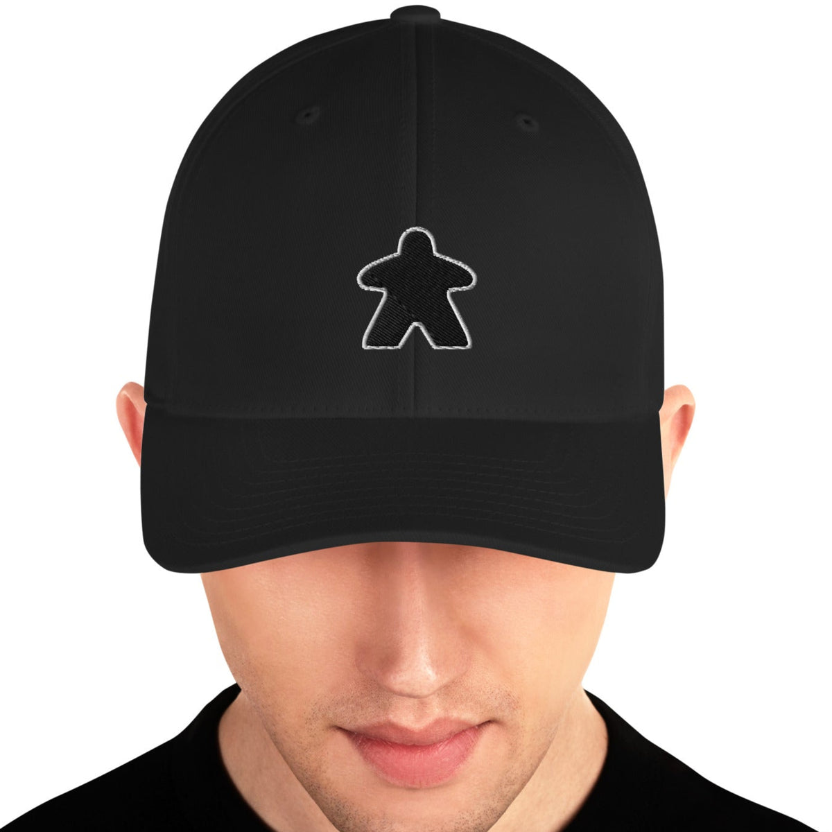Black Meeple design embroidered on a black flexfit baseball cap