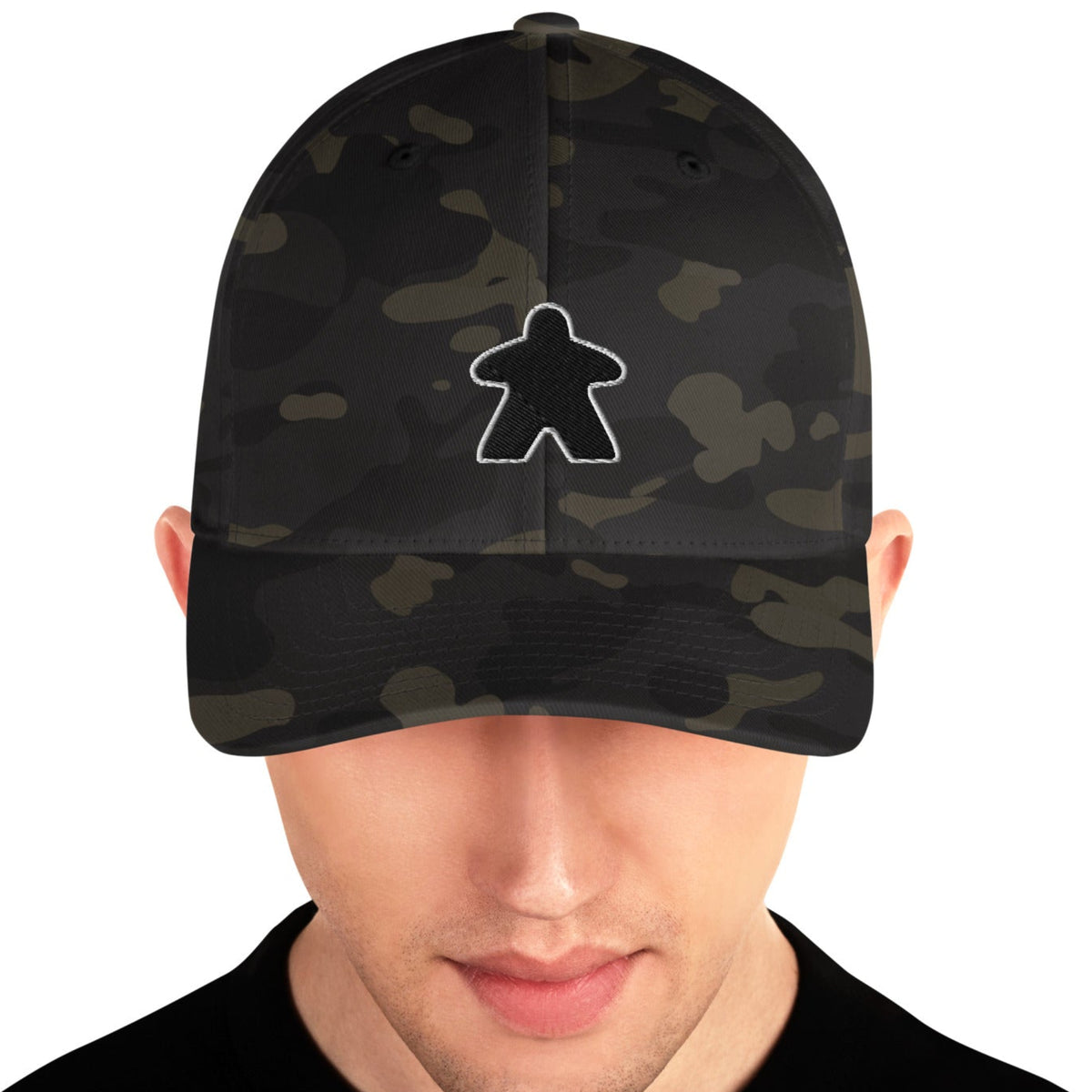 Black Meeple Design embroidered on a black camo baseball cap