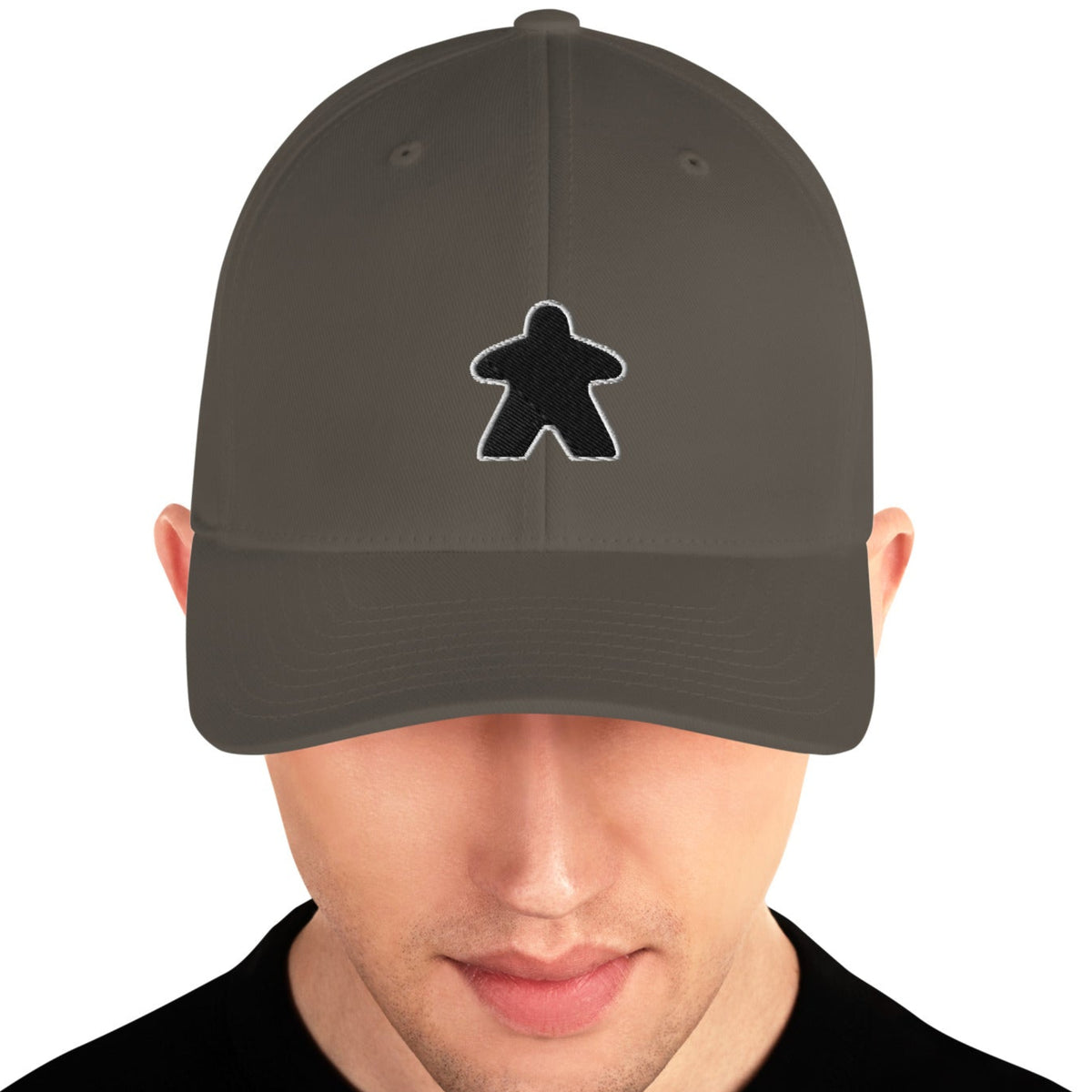 black meeple design embroidered on a flexfit grey baseball cap
