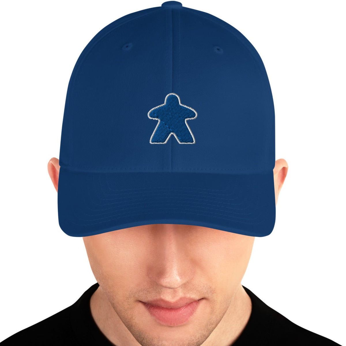 Blue meeple design embroidered on a blue flexfit baseball cap