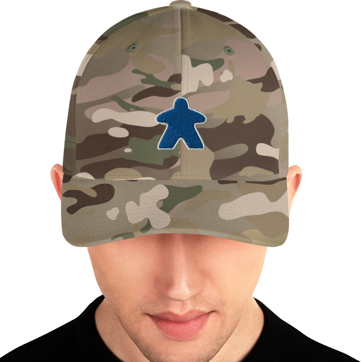 Blue meeple desgn embroidered on a camo flexfit baseball cap