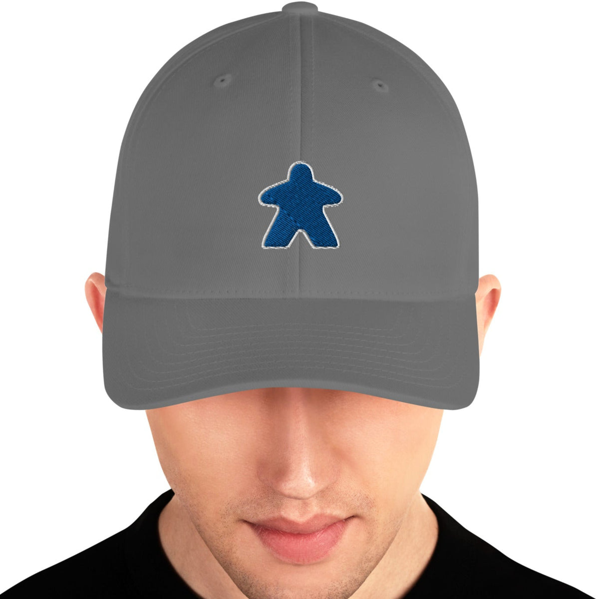 Blue meeple design embroidered on a grey flexfit baseball cap