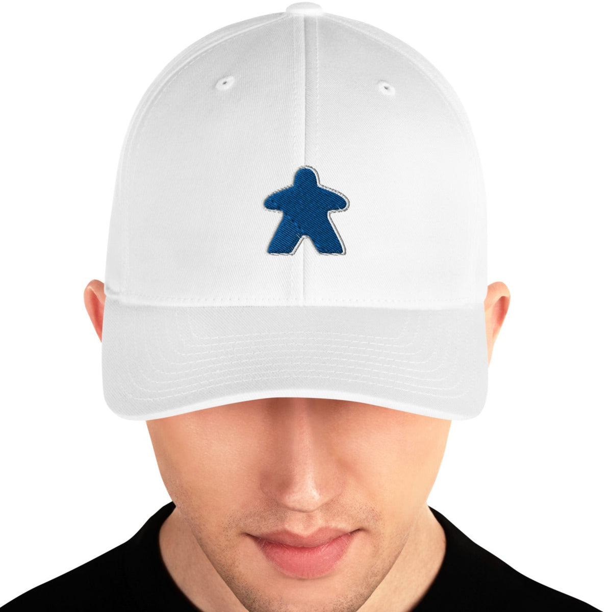 Blue meeple design embroidered on a white flexfit baseball cap