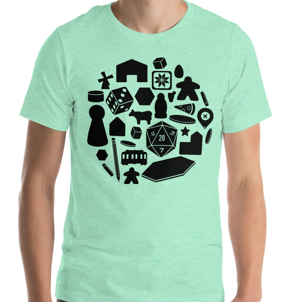 Mint Green t-shirt worn by. model with our board game pieces design printed on the front