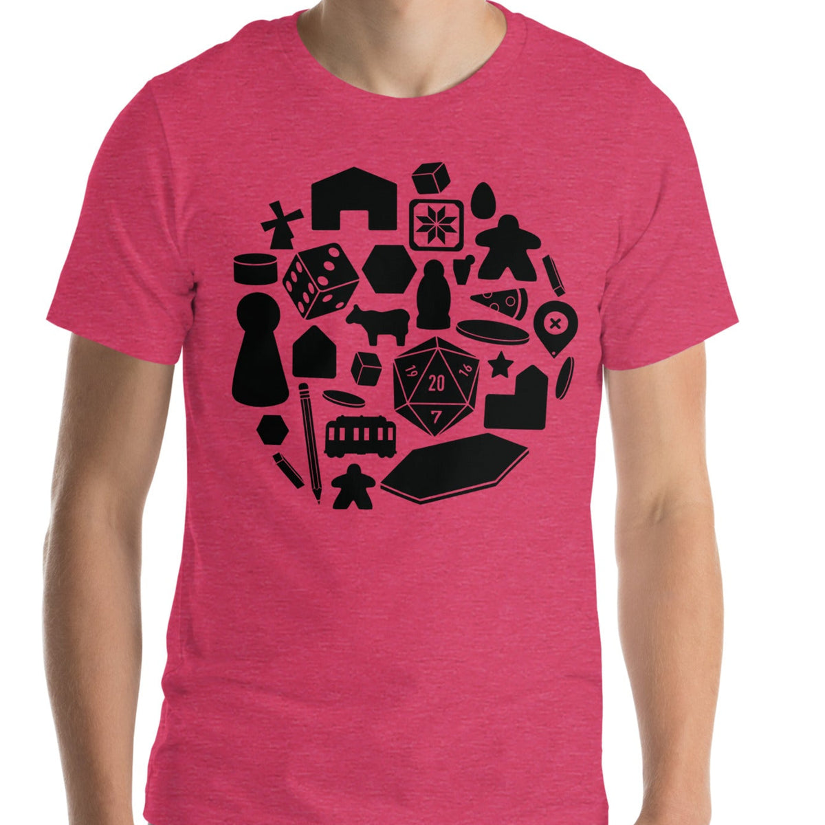 Raspberry t-shirt worn by. model with our board game pieces design printed on the front
