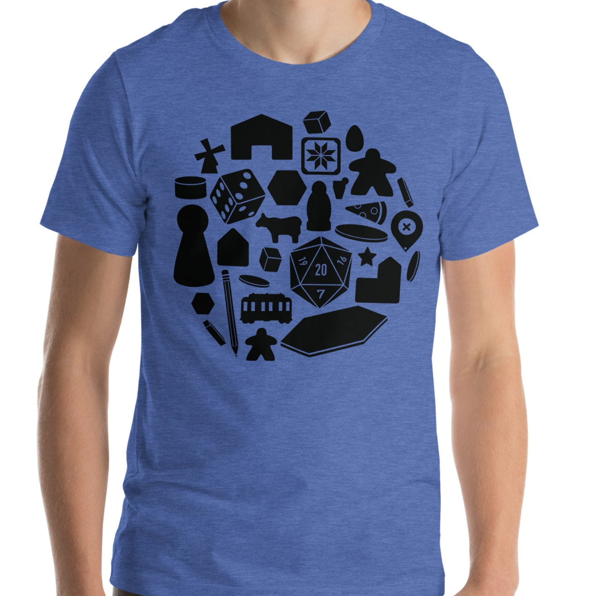 Heather Royal Blue t-shirt worn by. model with our board game pieces design printed on the front