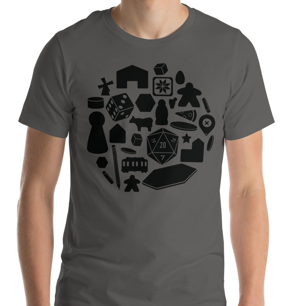 Grey t-shirt worn by. model with our board game pieces design printed on the front