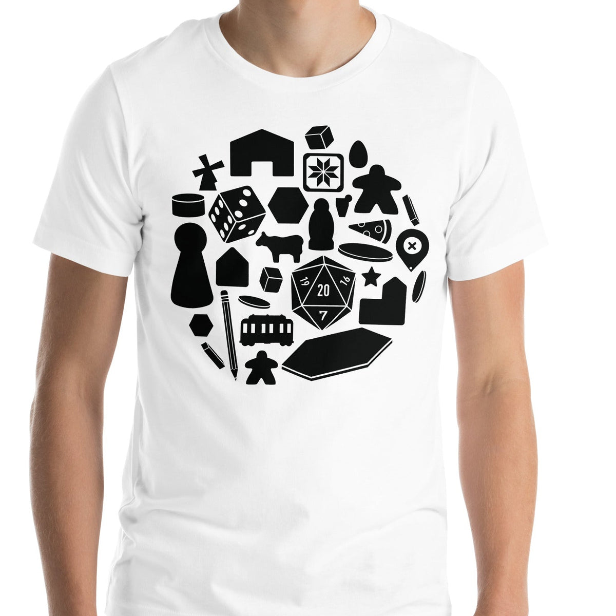 White t-shirt worn by. model with our board game pieces design printed on the front