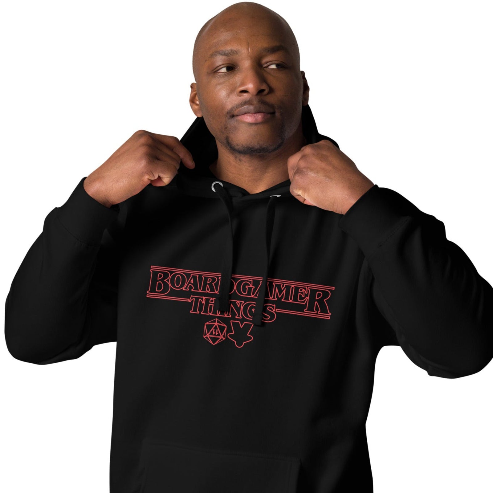 Model wearing a black hoodie with our Board Gamer Things design on it, a parody of Stranger Things