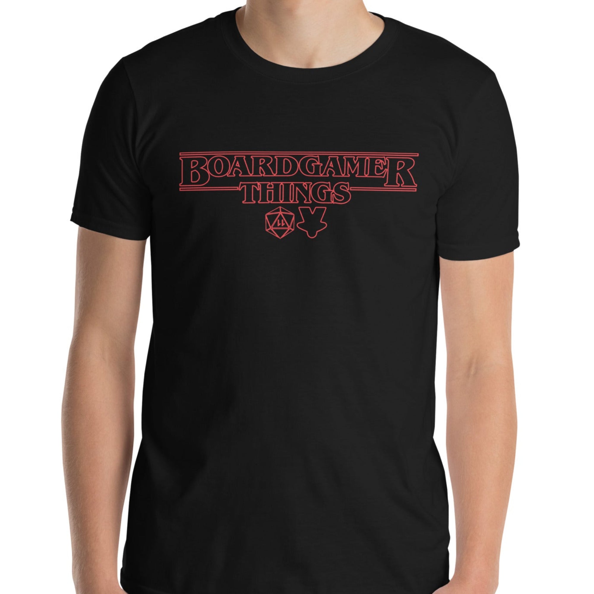 Model wearing black t-shirt withour Boardamer Things design, a parody of Stranger Things with the Upside Down