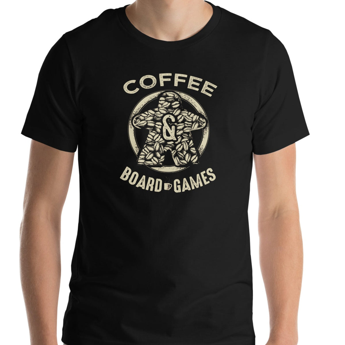 Man wearing a black t-shirt featuring our Coffee & Board Games design