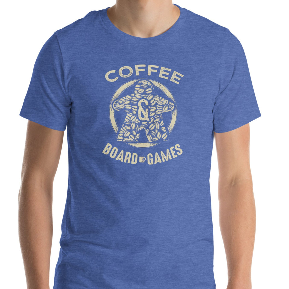 Man wearing a blue t-shirt featuring our Coffee & Board Games design