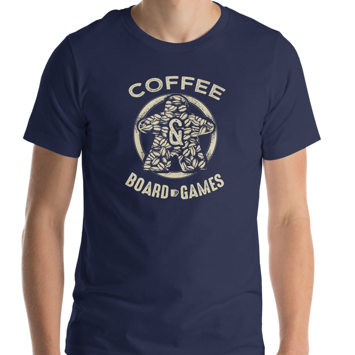 Man wearing a navy t-shirt featuring our Coffee & Board Games design
