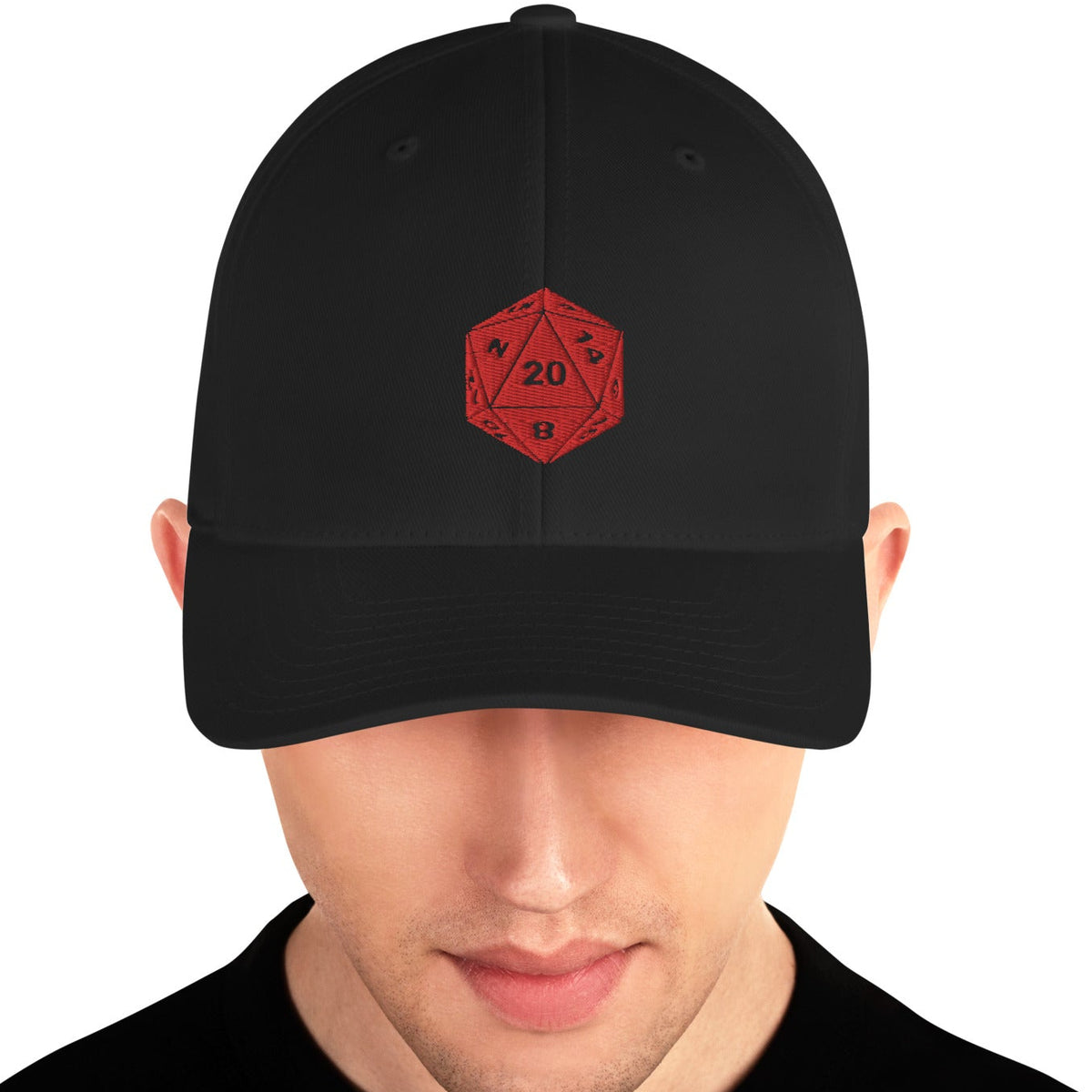 Black hat featuring an embroidered D20 on the front worn by a person