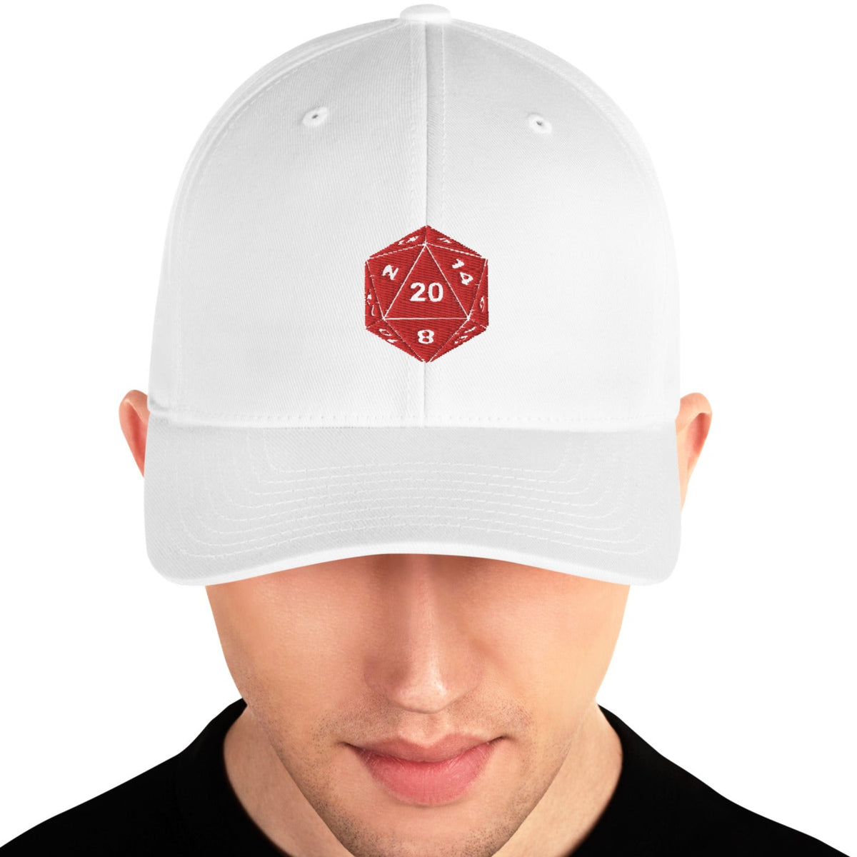 White hat with embroidered red D20 design on front being worn by a man