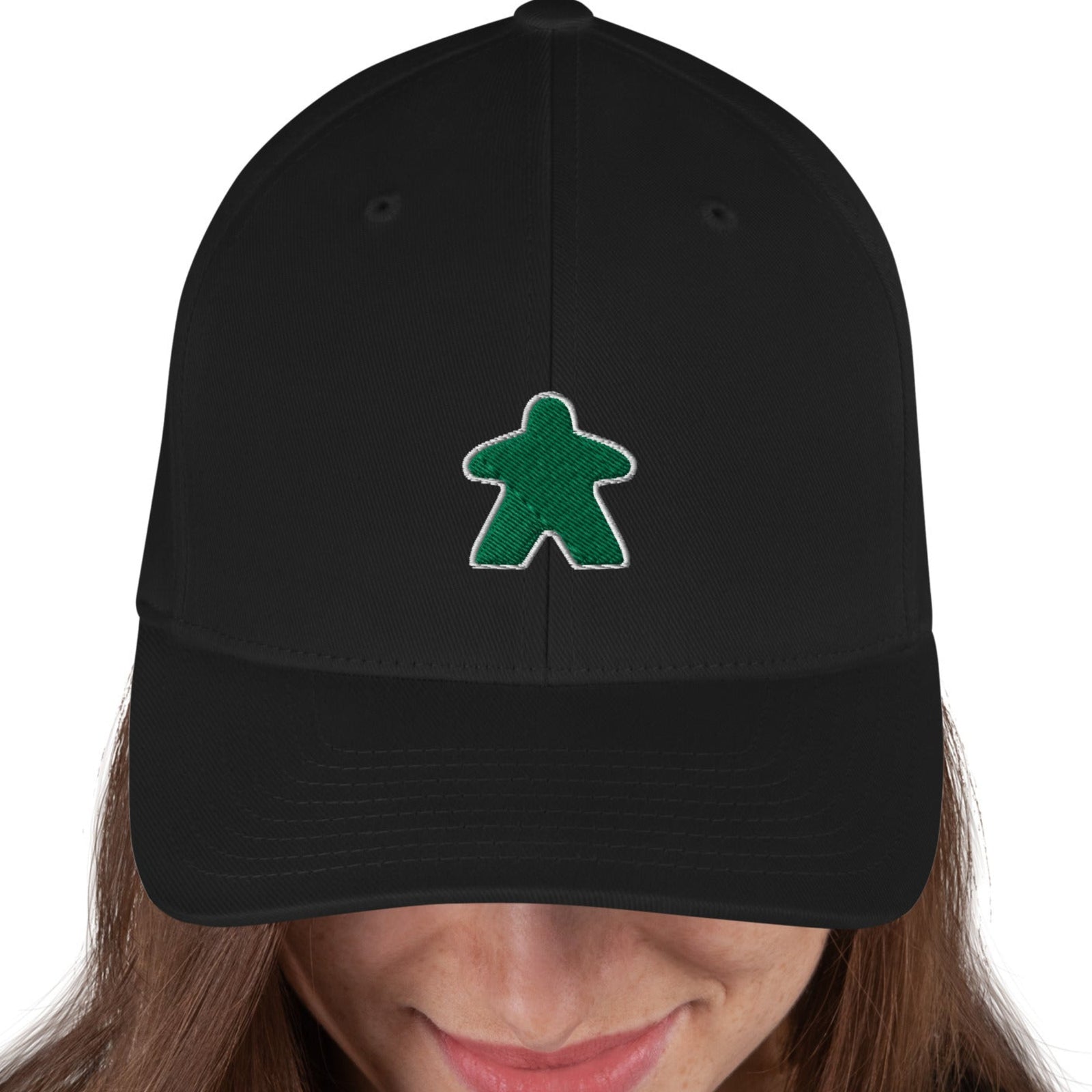 Green Meeple design embroidered on a black flexfit hat