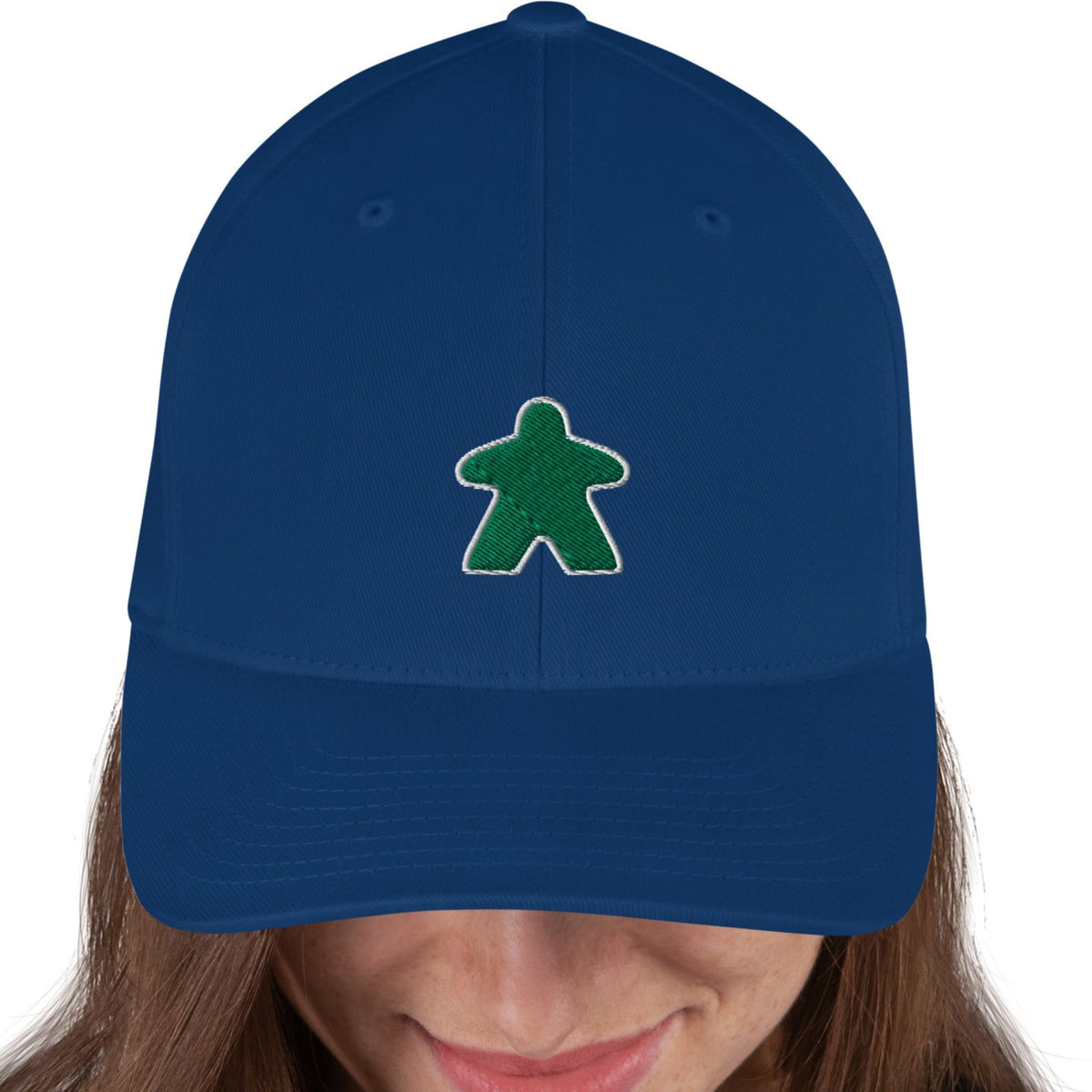 Green meeple design embroidered on a blue flexfit hat