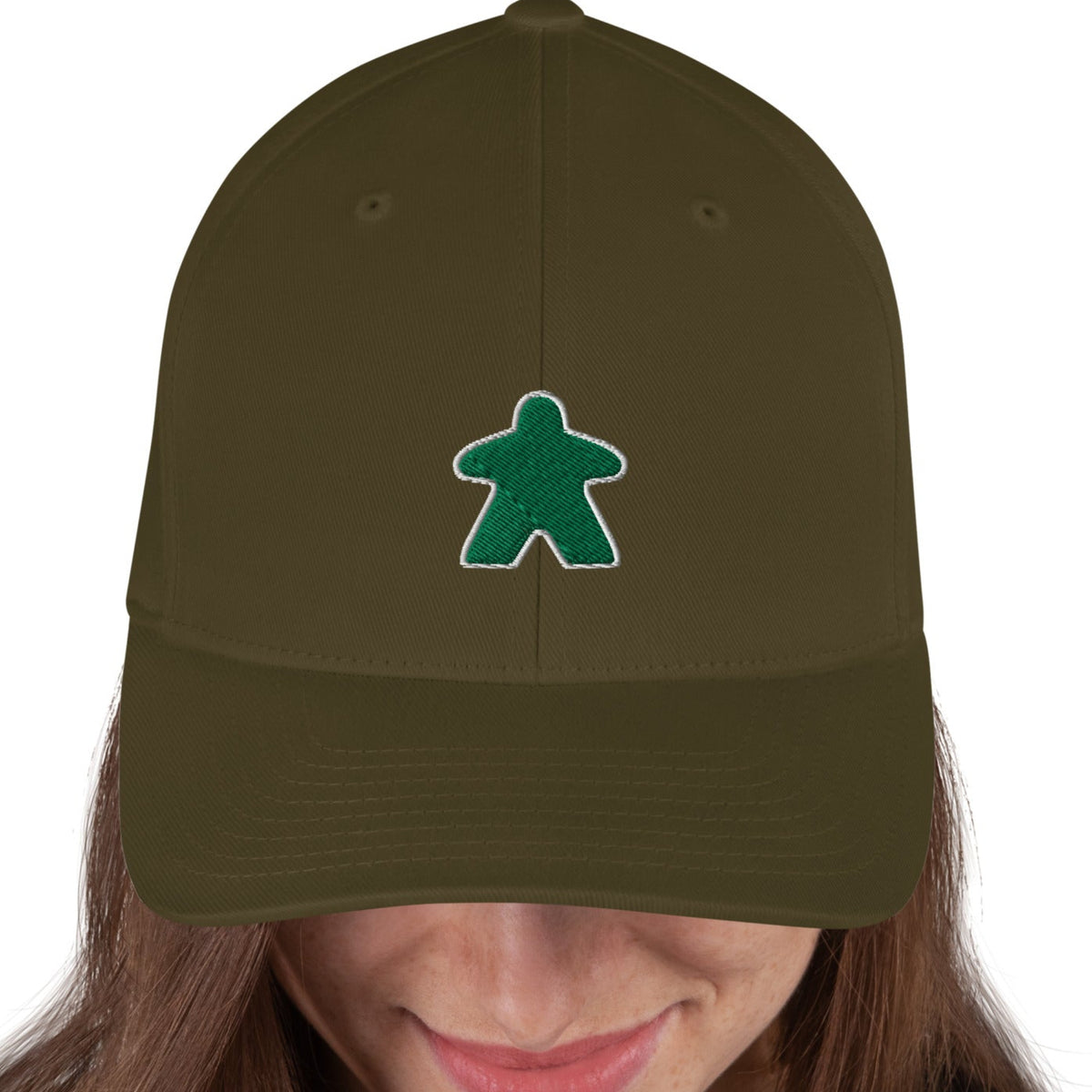 Green meeple design embroidered on an olive green flexfit baseball cap