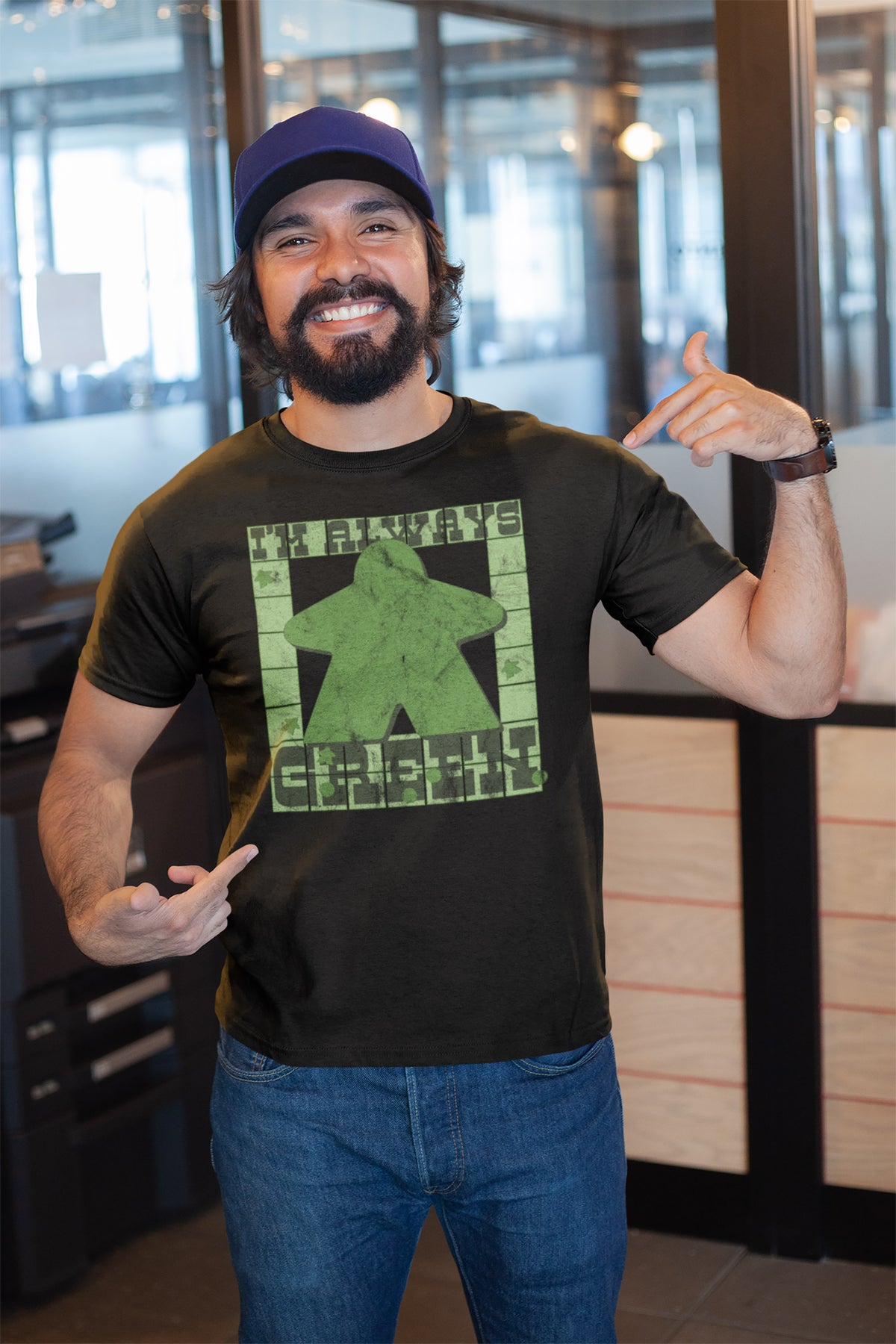 Happy Customer Showing Off his I'm Always Green Board Game T-Shirt