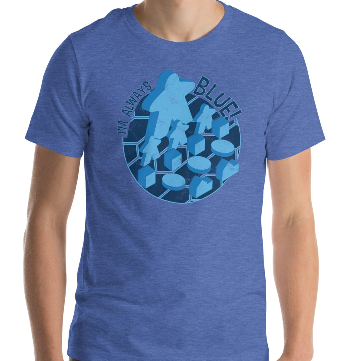 Person wearing a heather blue t-shirt with our i'm always blue design printed on it.