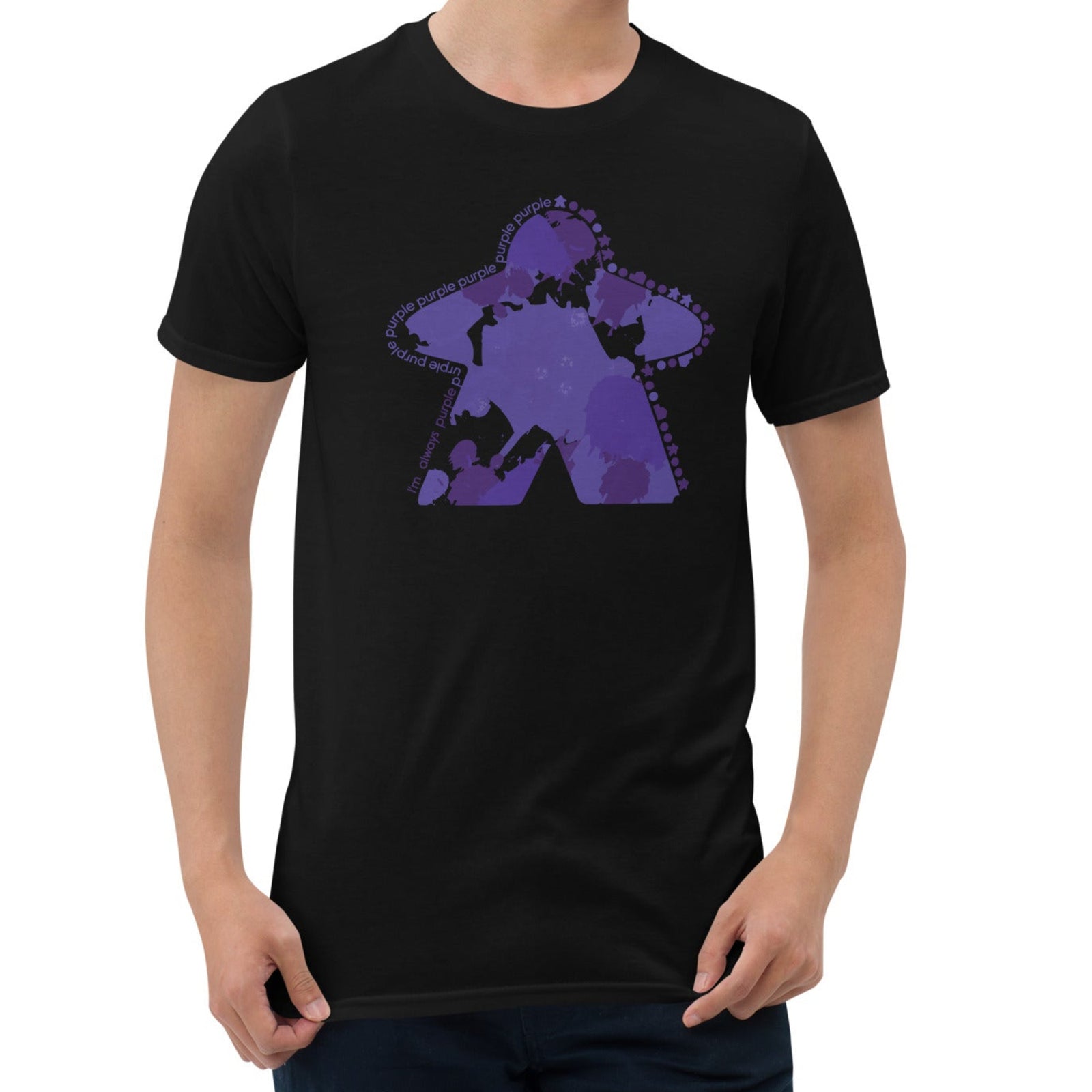 Person wearing a black t-shirt with our I'm Always Purple design on a white background