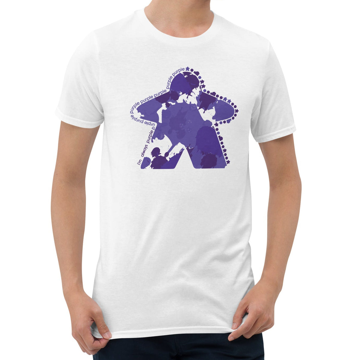 Man wearing a white t-shirt with our I'm Always Purple design on a white background