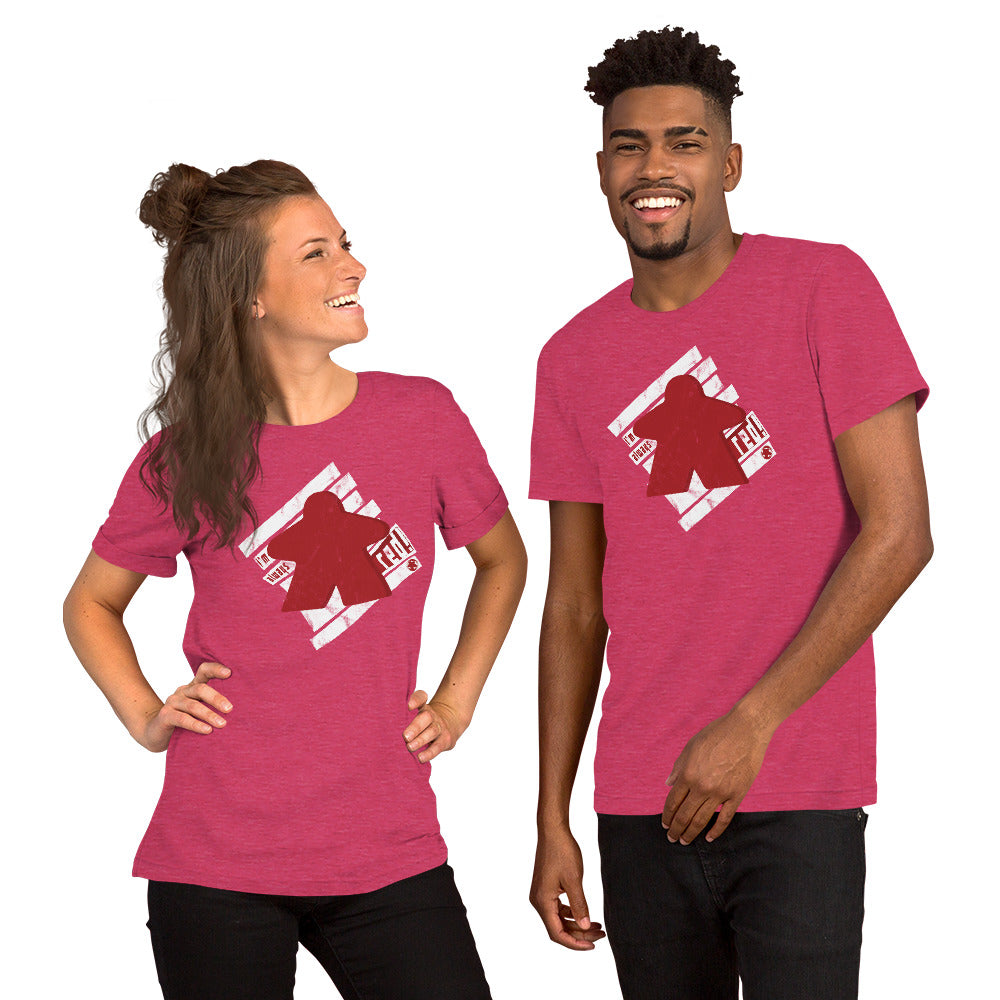 Pair of people wearing Heather Raspberry t-shirts with our I'm Always Red design on it