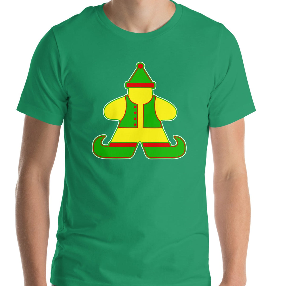 Model wearing our green t-shirt with our meeple Christmas elf design printed on it