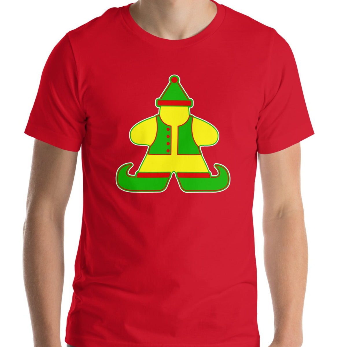 Model wearing red t-shirt with our Meeple Christmas Elf design on it