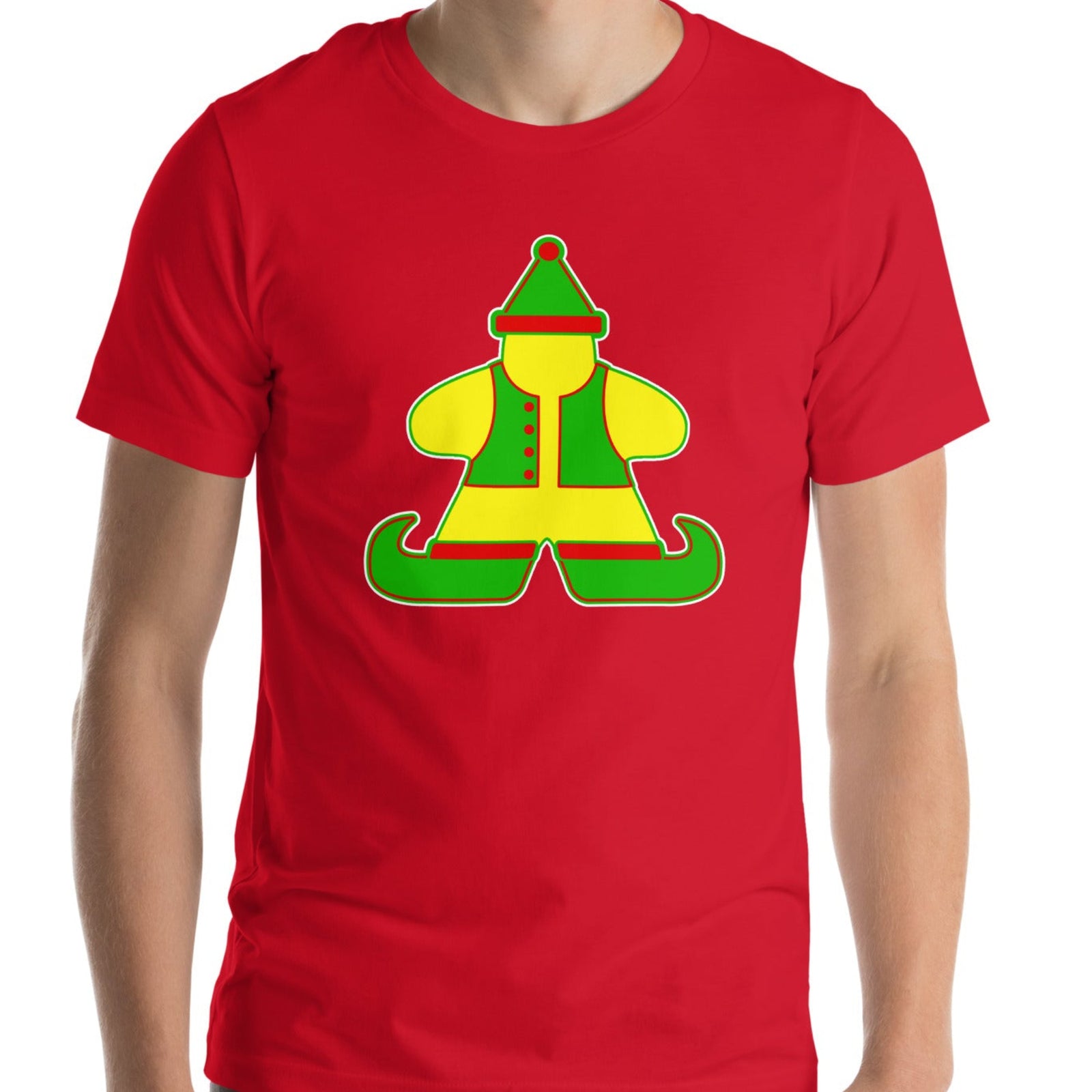Model wearing red t-shirt with our Meeple Christmas Elf design on it
