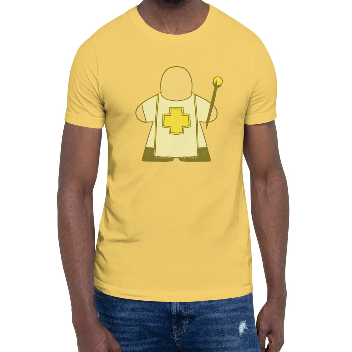 Model wearing a yellow t-shirt with our Meeple Cleric design on it.