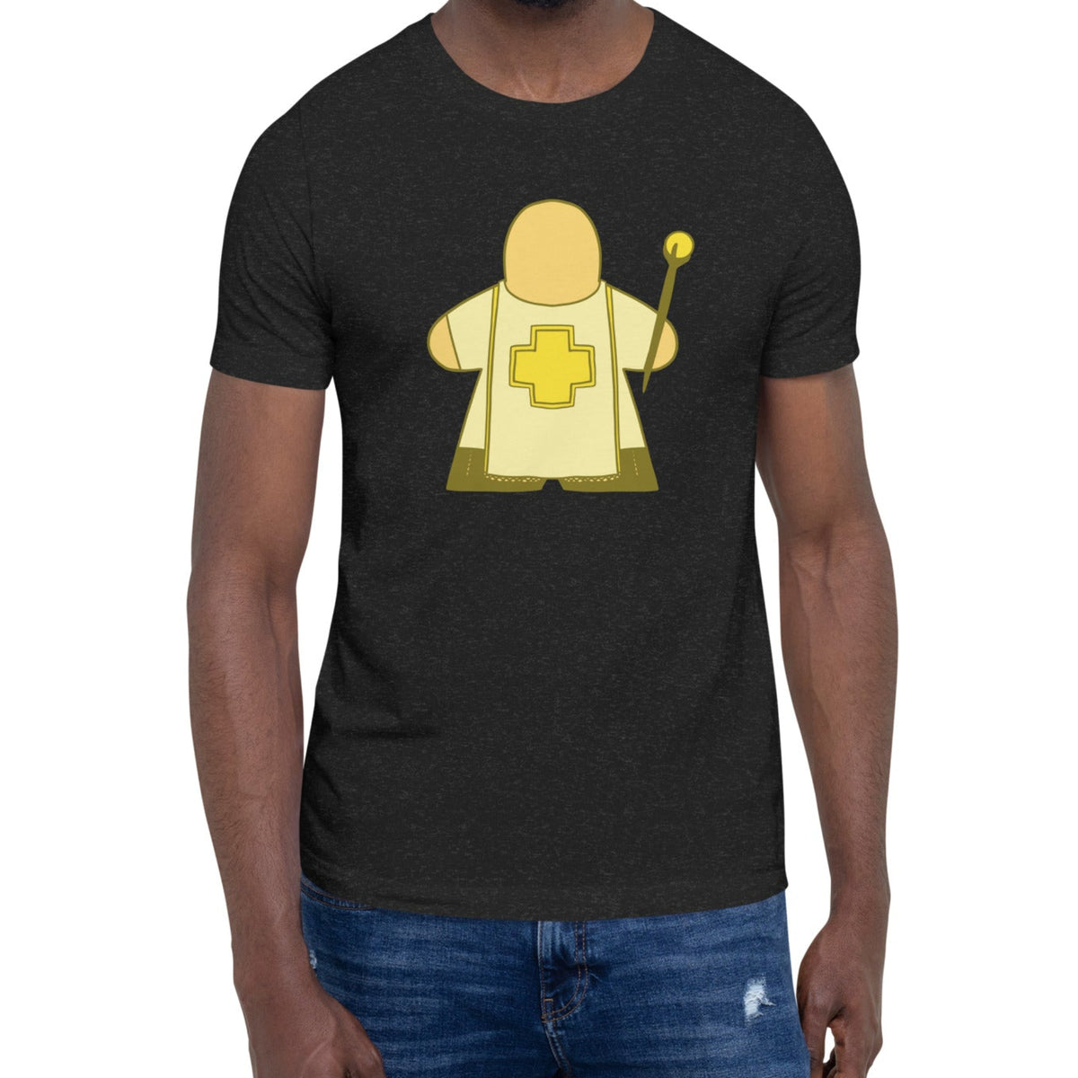 Model wearing black t-shirt sith our Meeple Cleric design printed on it