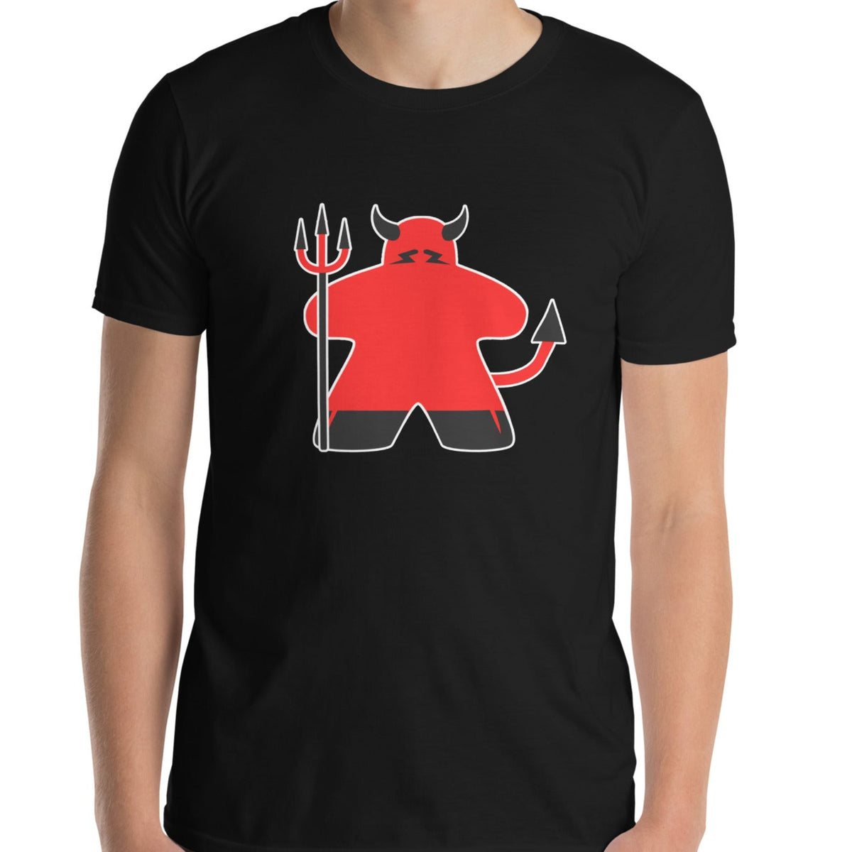 black t-shirt with our meeple devil design on it for halloween